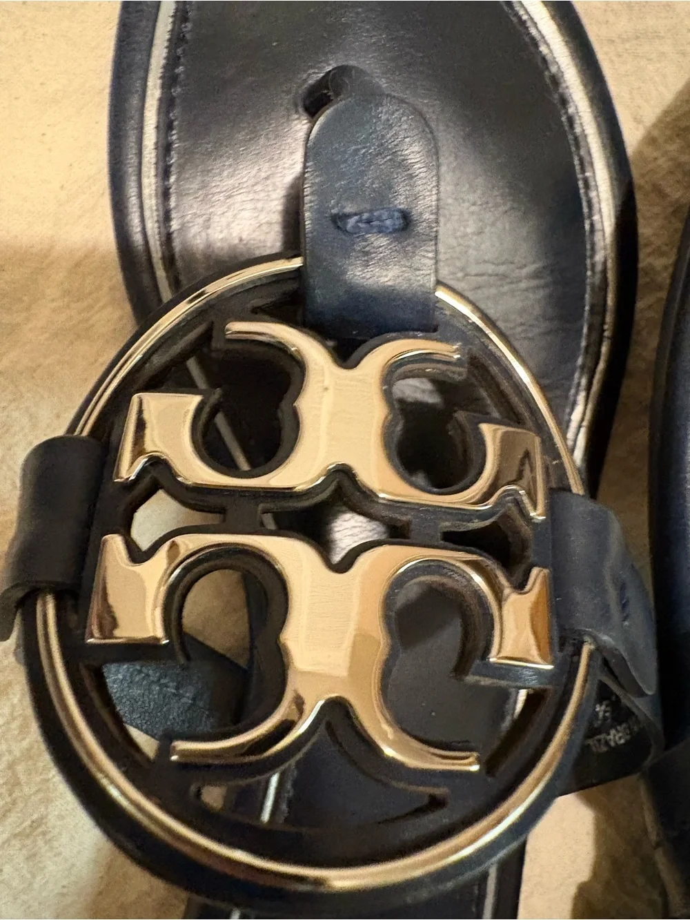 Tory Burch Navy Miller Metal Logo Thong Sandals Silver Size 5